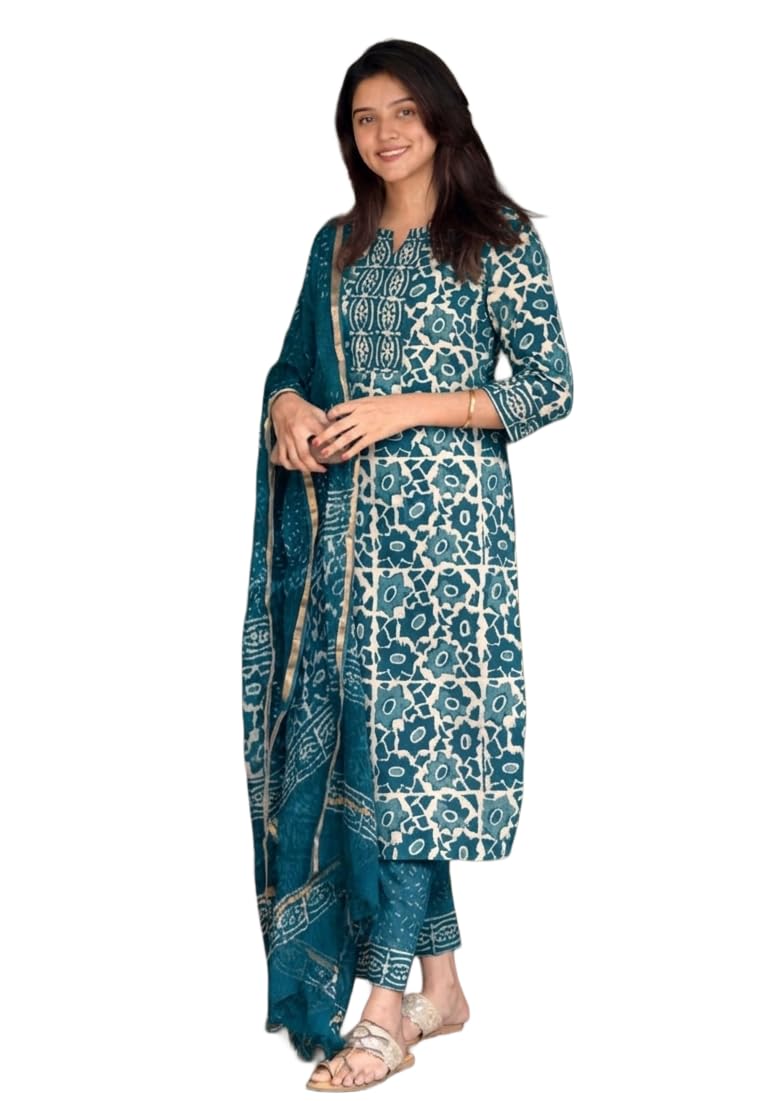 KLOSIA Women's Printed Straight Kurta and Pant with Dupatta Set