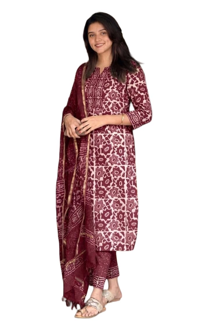 KLOSIA Women's Printed Straight Kurta and Pant with Dupatta Set