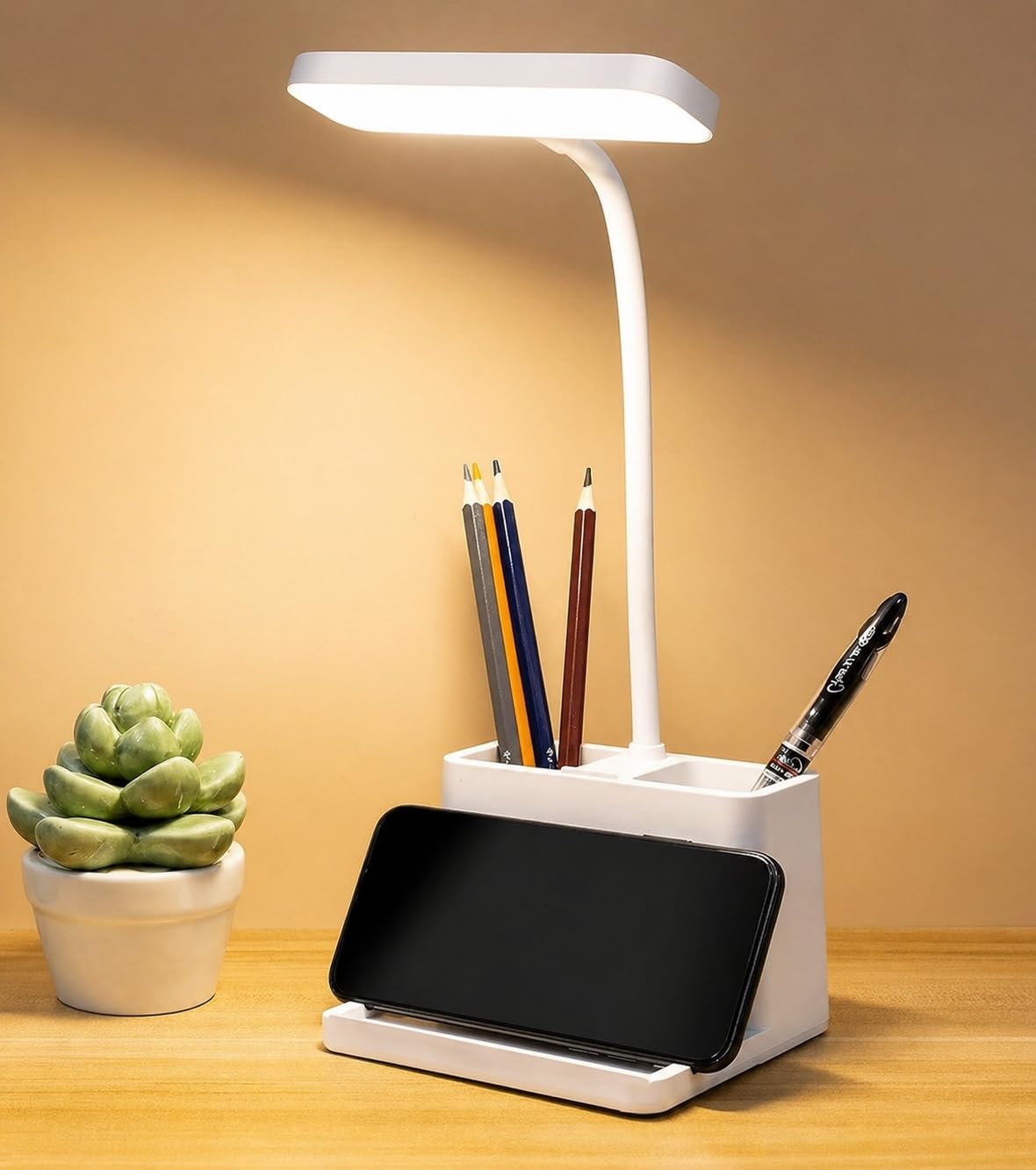 SaleOn Rechargeable Stable Desk Lamp with USB Cable | 3 Color Modes | 6 Month Warranty | Mobile Holder | Eye Protection | Study & Reading Table Lamp | Touch Control | Non-Flickering