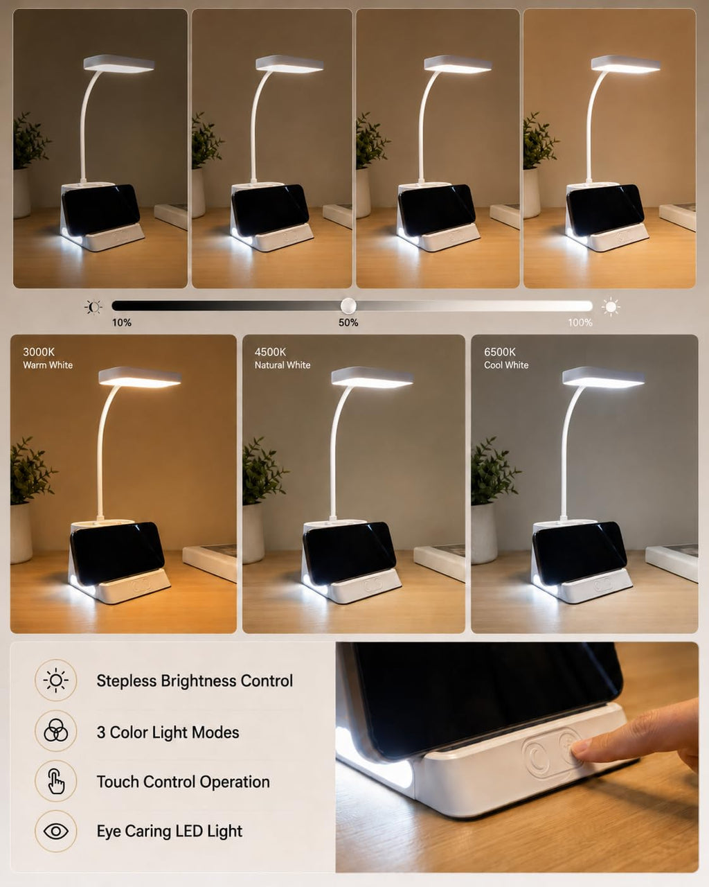 SaleOn Rechargeable Stable Desk Lamp with USB Cable | 3 Color Modes | 6 Month Warranty | Mobile Holder | Eye Protection | Study & Reading Table Lamp | Touch Control | Non-Flickering