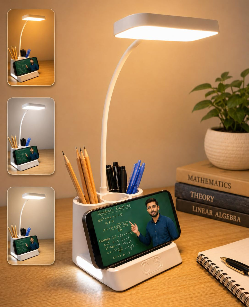 SaleOn Rechargeable Stable Desk Lamp with USB Cable | 3 Color Modes | 6 Month Warranty | Mobile Holder | Eye Protection | Study & Reading Table Lamp | Touch Control | Non-Flickering