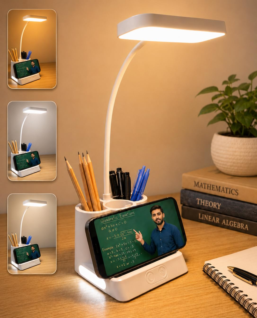 SaleOn Rechargeable Stable Desk Lamp with USB Cable | 3 Color Modes | 6 Month Warranty | Mobile Holder | Eye Protection | Study & Reading Table Lamp | Touch Control | Non-Flickering