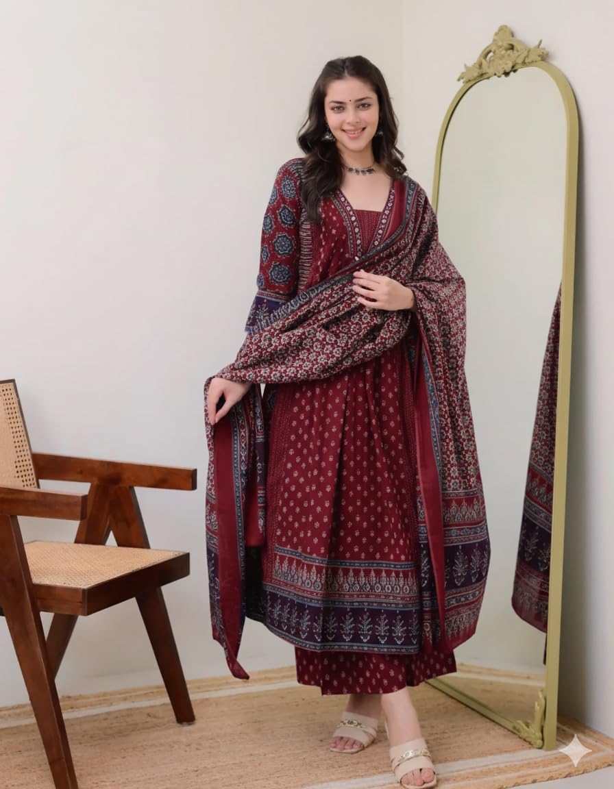 KLOSIA Women's Rayon Printed Anarkali Kurta and Pant with Dupatta Set