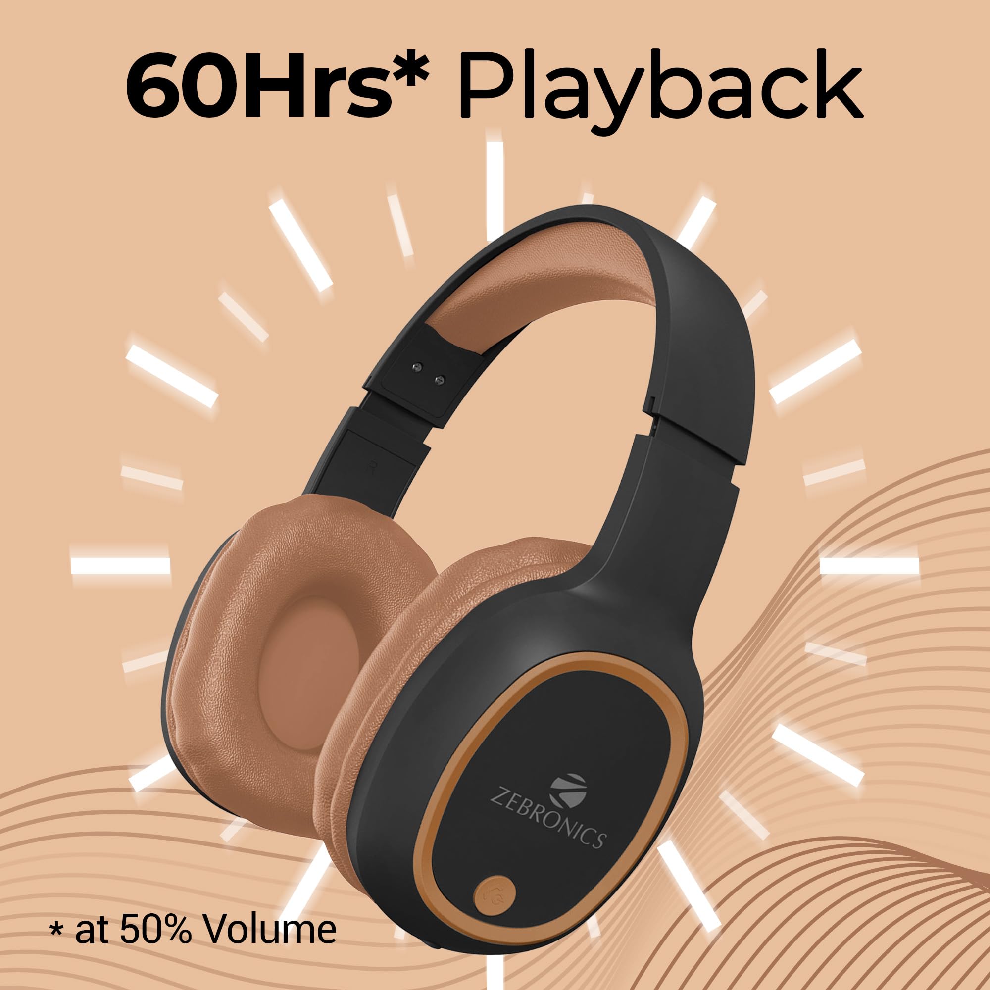 Zebronics Thunder (2026 Upgrade) Wireless Headphones, BT v6.0, True 60 hrs Playback, 40mm Drivers, ENC, Gaming Mode, Dual Pairing, AUX & microSD, Rapid Charging, Call Function (Black)