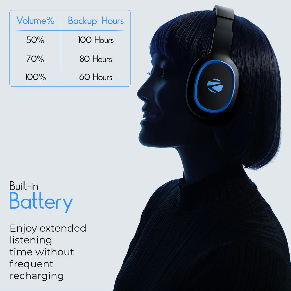 Zebronics Thunder (2026 Upgrade) Wireless Headphones, BT v6.0, True 60 hrs Playback, 40mm Drivers, ENC, Gaming Mode, Dual Pairing, AUX & microSD, Rapid Charging, Call Function (Black)