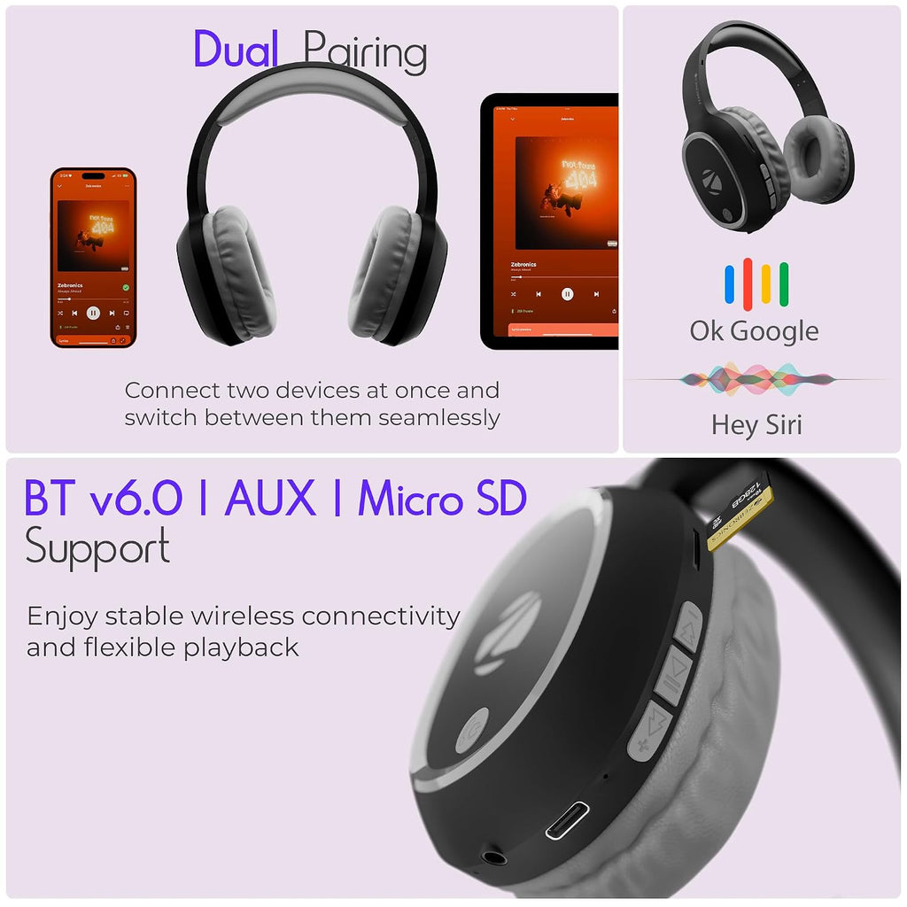 Zebronics Thunder (2026 Upgrade) Wireless Headphones, BT v6.0, True 60 hrs Playback, 40mm Drivers, ENC, Gaming Mode, Dual Pairing, AUX & microSD, Rapid Charging, Call Function (Black)