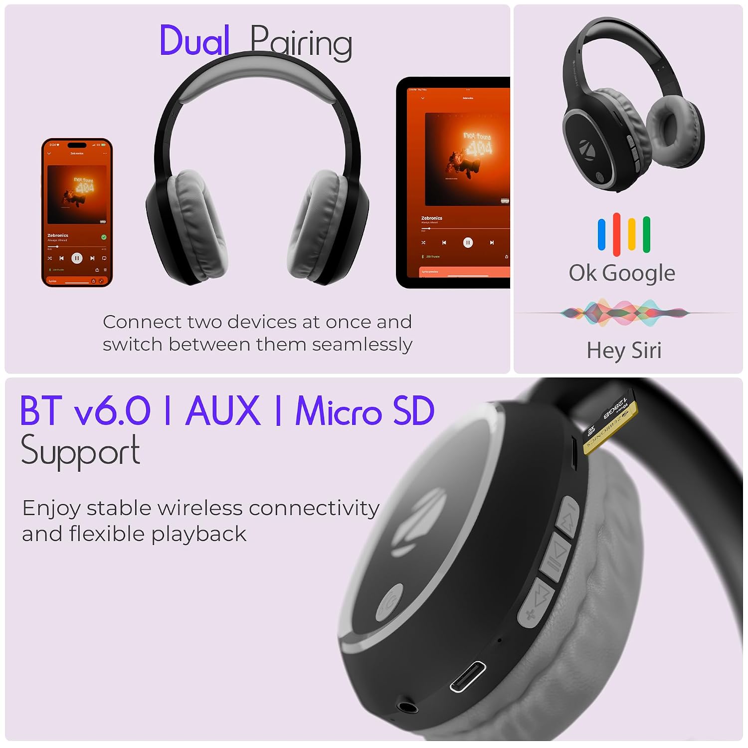 Zebronics Thunder (2026 Upgrade) Wireless Headphones, BT v6.0, True 60 hrs Playback, 40mm Drivers, ENC, Gaming Mode, Dual Pairing, AUX & microSD, Rapid Charging, Call Function (Black)