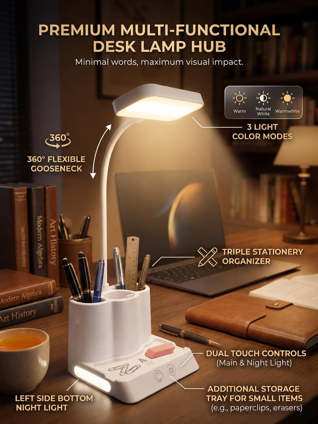 SaleOn Rechargeable Stable Desk Lamp with USB Cable | 3 Color Modes | 6 Month Warranty | Mobile Holder | Eye Protection | Study & Reading Table Lamp | Touch Control | Non-Flickering