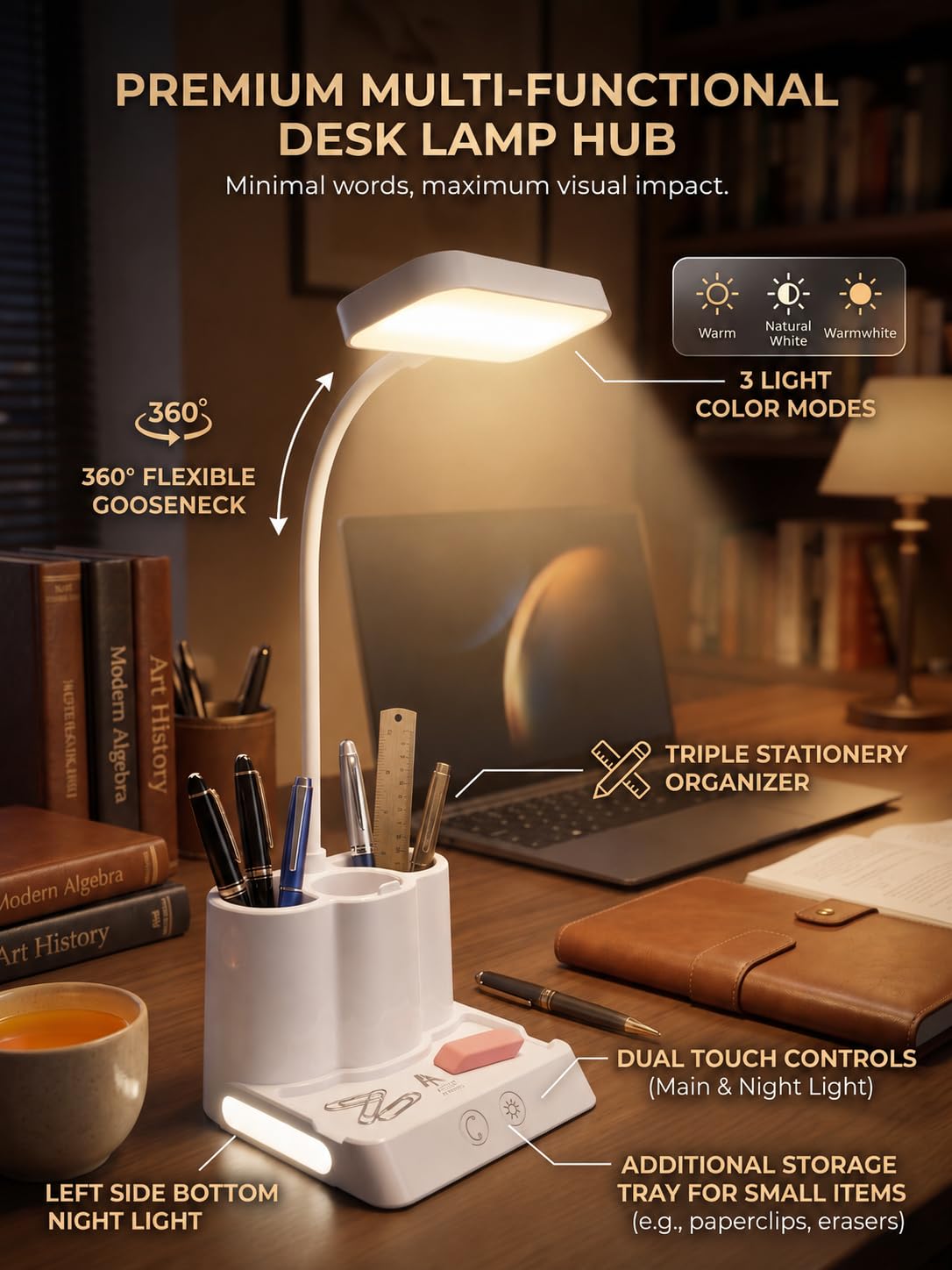 SaleOn Rechargeable Stable Desk Lamp with USB Cable | 3 Color Modes | 6 Month Warranty | Mobile Holder | Eye Protection | Study & Reading Table Lamp | Touch Control | Non-Flickering