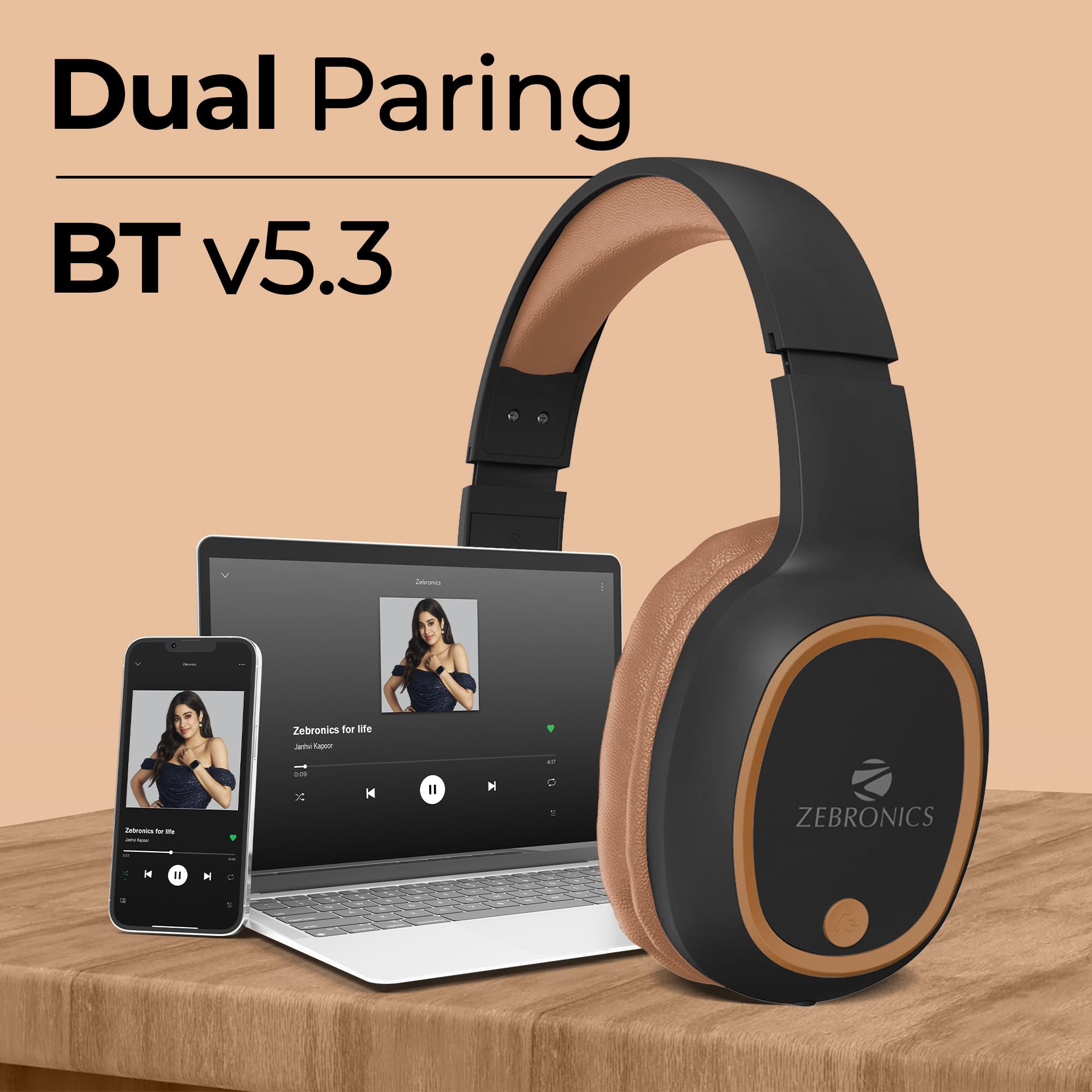 Zebronics Thunder (2026 Upgrade) Wireless Headphones, BT v6.0, True 60 hrs Playback, 40mm Drivers, ENC, Gaming Mode, Dual Pairing, AUX & microSD, Rapid Charging, Call Function (Black)