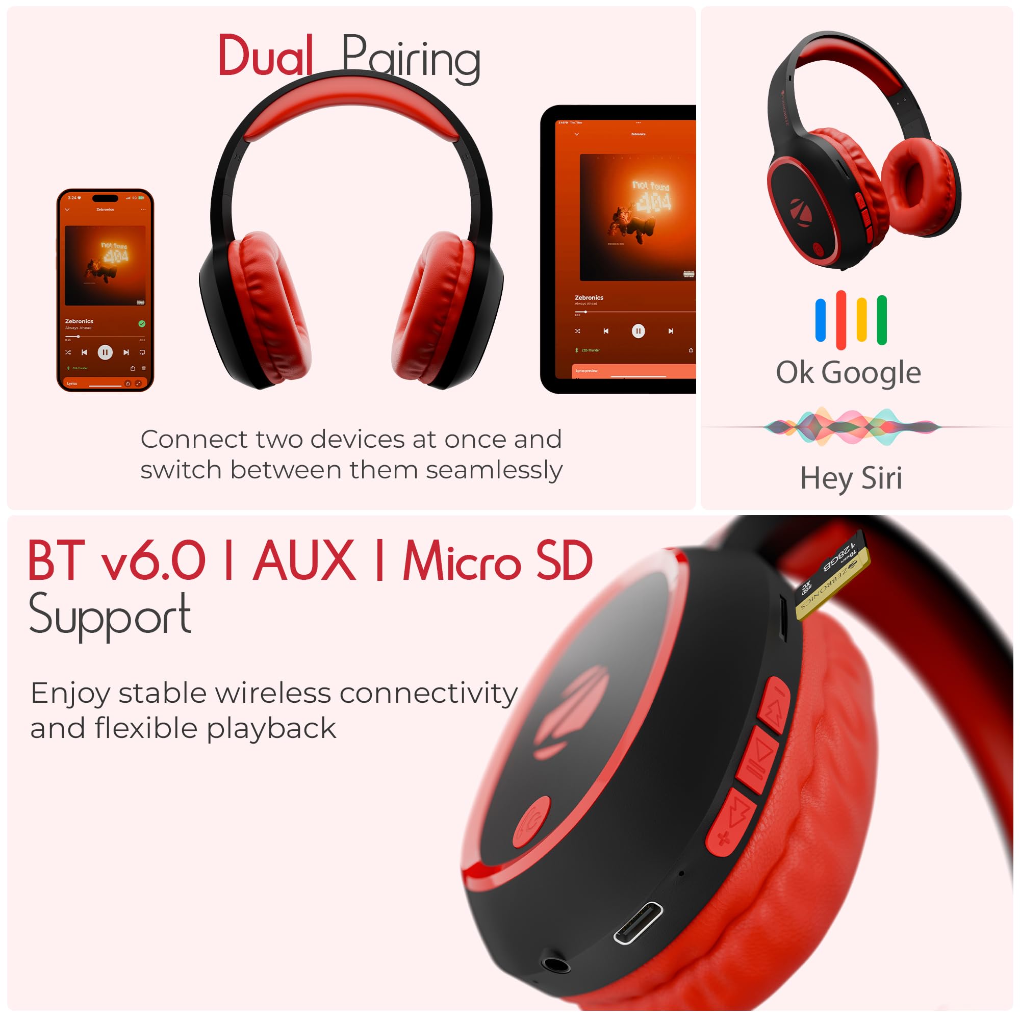 Zebronics Thunder (2026 Upgrade) Wireless Headphones, BT v6.0, True 60 hrs Playback, 40mm Drivers, ENC, Gaming Mode, Dual Pairing, AUX & microSD, Rapid Charging, Call Function (Black)