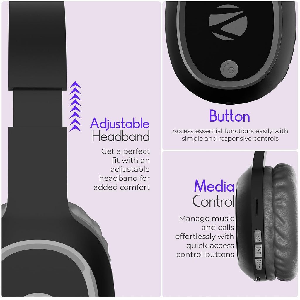 Zebronics Thunder (2026 Upgrade) Wireless Headphones, BT v6.0, True 60 hrs Playback, 40mm Drivers, ENC, Gaming Mode, Dual Pairing, AUX & microSD, Rapid Charging, Call Function (Black)