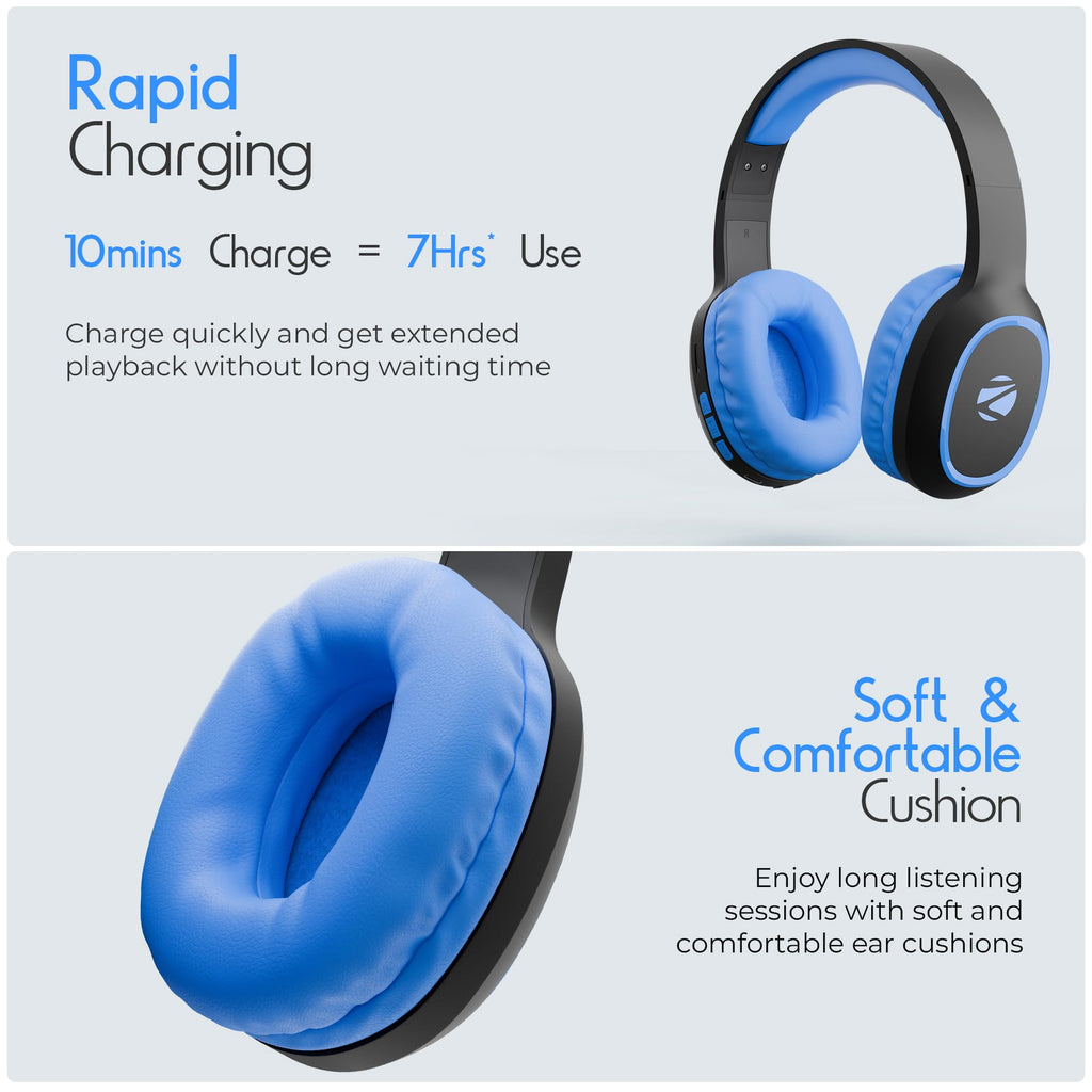 Zebronics Thunder (2026 Upgrade) Wireless Headphones, BT v6.0, True 60 hrs Playback, 40mm Drivers, ENC, Gaming Mode, Dual Pairing, AUX & microSD, Rapid Charging, Call Function (Black)