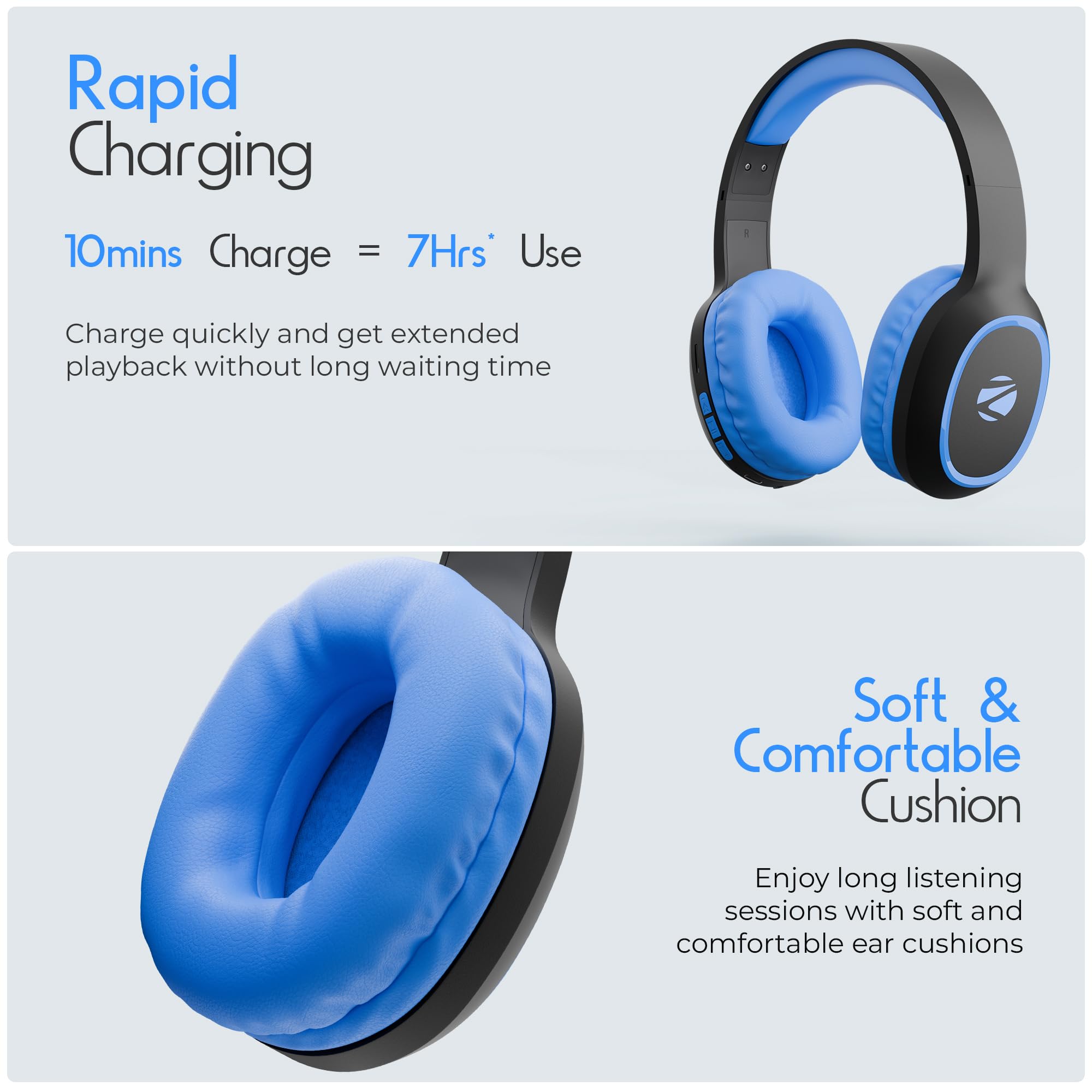 Zebronics Thunder (2026 Upgrade) Wireless Headphones, BT v6.0, True 60 hrs Playback, 40mm Drivers, ENC, Gaming Mode, Dual Pairing, AUX & microSD, Rapid Charging, Call Function (Black)