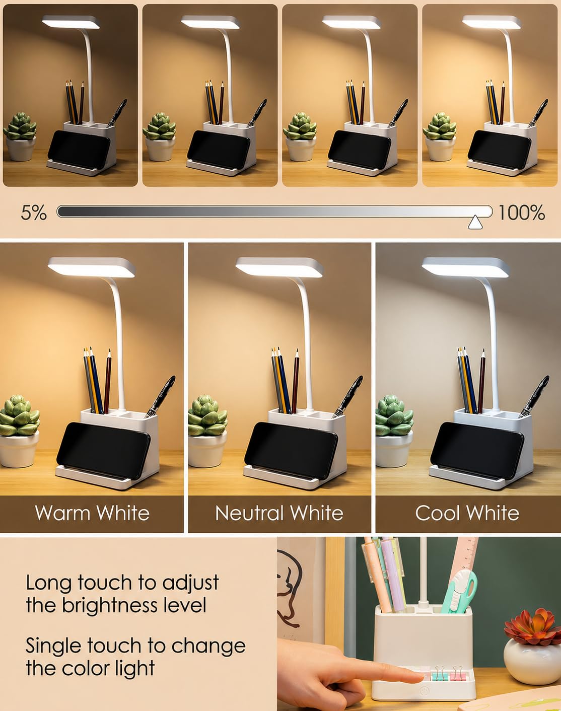 SaleOn Rechargeable Stable Desk Lamp with USB Cable | 3 Color Modes | 6 Month Warranty | Mobile Holder | Eye Protection | Study & Reading Table Lamp | Touch Control | Non-Flickering
