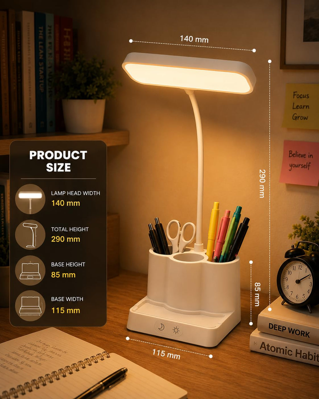 SaleOn Rechargeable Stable Desk Lamp with USB Cable | 3 Color Modes | 6 Month Warranty | Mobile Holder | Eye Protection | Study & Reading Table Lamp | Touch Control | Non-Flickering