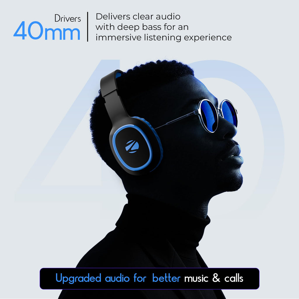Zebronics Thunder (2026 Upgrade) Wireless Headphones, BT v6.0, True 60 hrs Playback, 40mm Drivers, ENC, Gaming Mode, Dual Pairing, AUX & microSD, Rapid Charging, Call Function (Black)