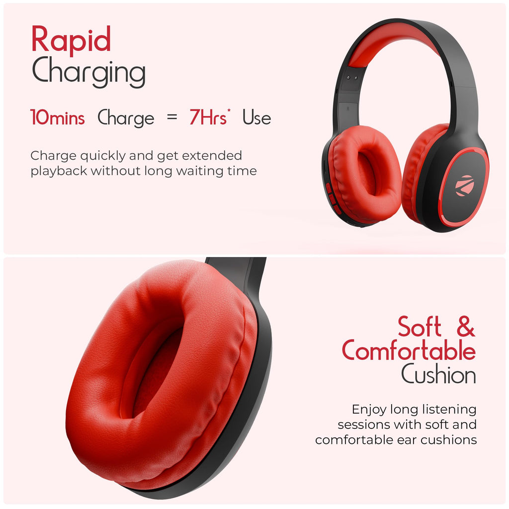 Zebronics Thunder (2026 Upgrade) Wireless Headphones, BT v6.0, True 60 hrs Playback, 40mm Drivers, ENC, Gaming Mode, Dual Pairing, AUX & microSD, Rapid Charging, Call Function (Black)