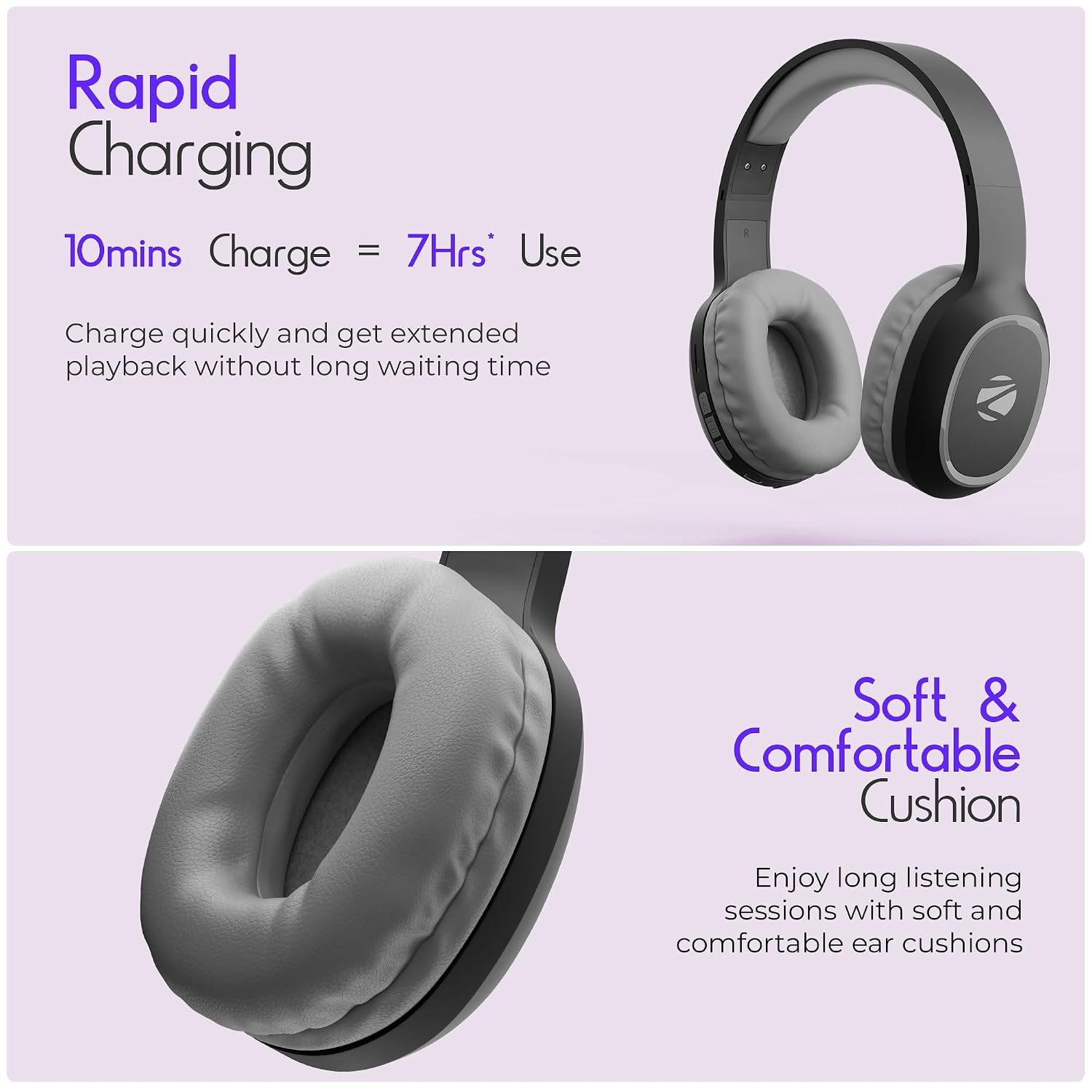 Zebronics Thunder (2026 Upgrade) Wireless Headphones, BT v6.0, True 60 hrs Playback, 40mm Drivers, ENC, Gaming Mode, Dual Pairing, AUX & microSD, Rapid Charging, Call Function (Black)