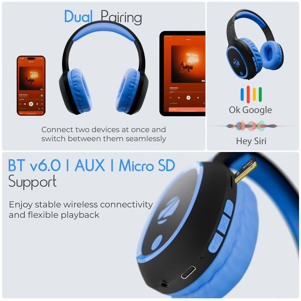 Zebronics Thunder (2026 Upgrade) Wireless Headphones, BT v6.0, True 60 hrs Playback, 40mm Drivers, ENC, Gaming Mode, Dual Pairing, AUX & microSD, Rapid Charging, Call Function (Black)