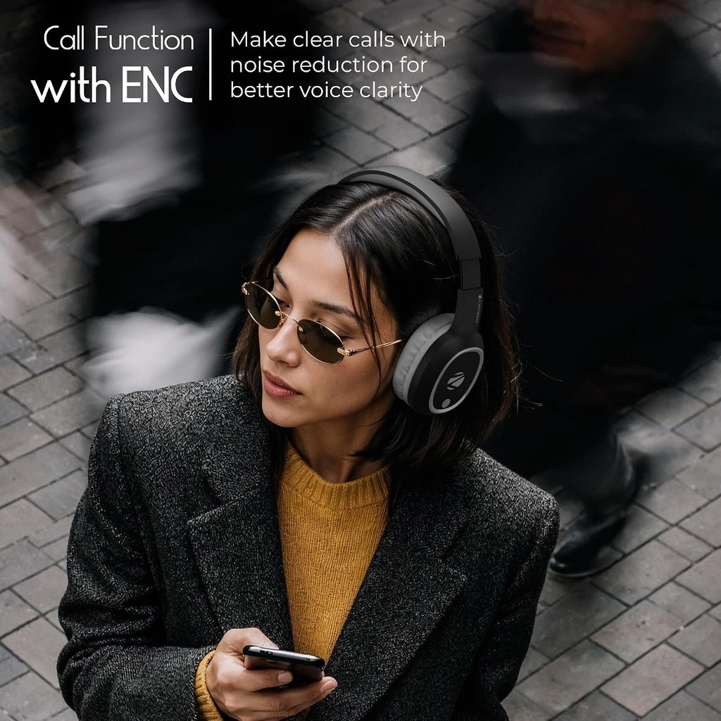 Zebronics Thunder (2026 Upgrade) Wireless Headphones, BT v6.0, True 60 hrs Playback, 40mm Drivers, ENC, Gaming Mode, Dual Pairing, AUX & microSD, Rapid Charging, Call Function (Black)